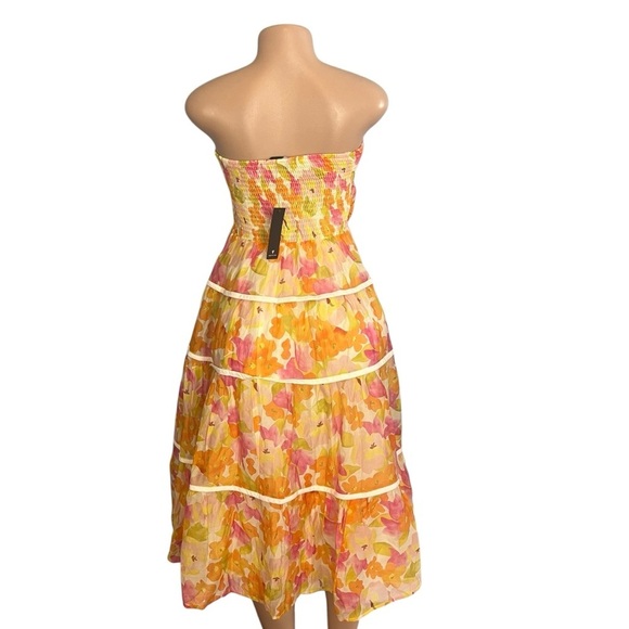 Lulus Sunlight Aura Orange Floral Strapless Tiered Midi Dress - Picture 9 of 11